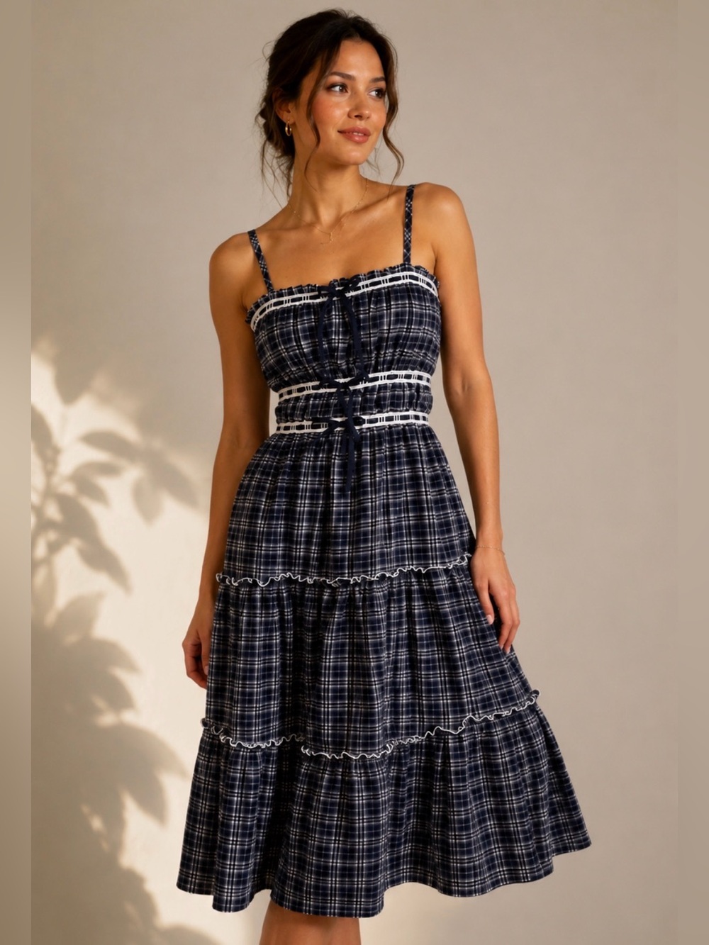 BNWT TRIXXI Plaid Tiered Coquette Maxi Dress with Spaghetti Straps Women's M